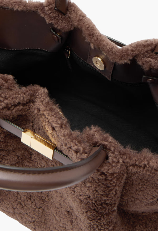 Brown - New York Midi Leather-Trimmed Shearling Tote