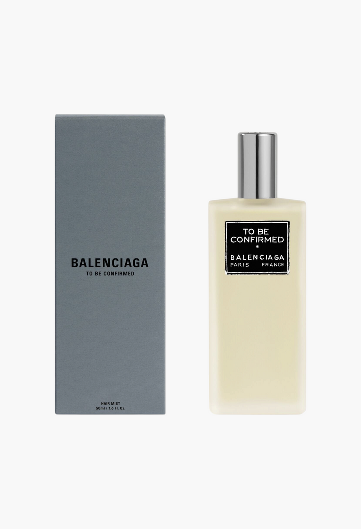 GLAM MODA Balenciaga To Be Confirmed floral hair mist in a 50ml glass bottle with its grey presentation box