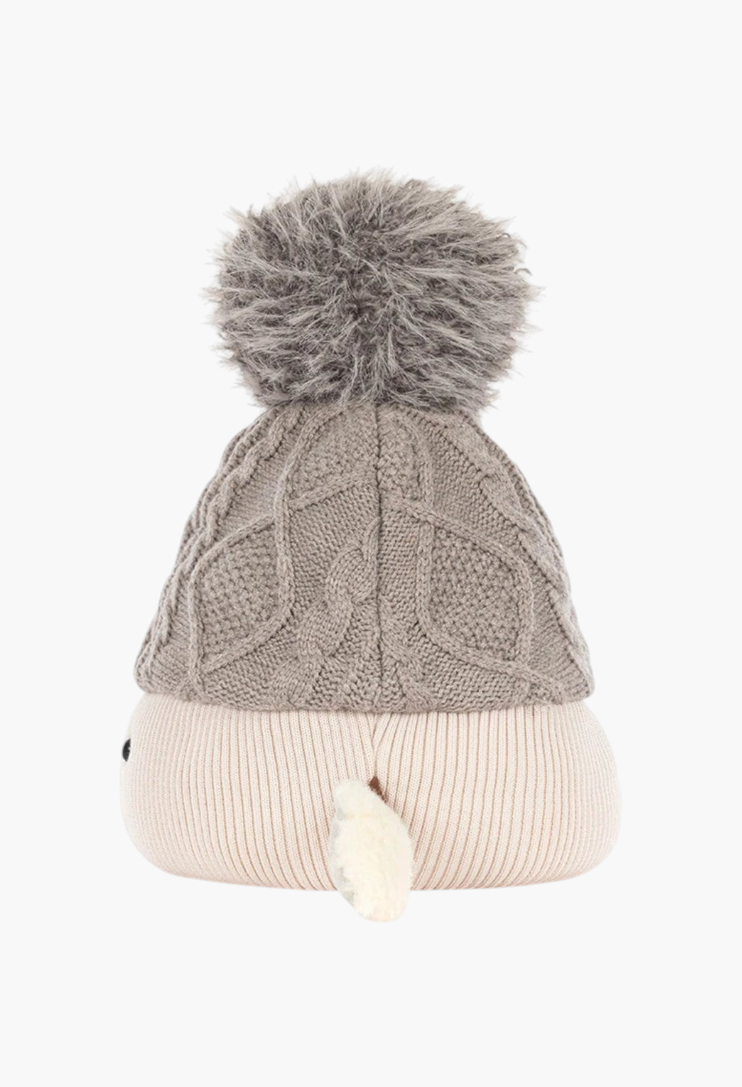 GLAM MODA Amuseables Pomilly plush toy featuring a grey cable-knit hat with a fluffy pom-pom and cream base.