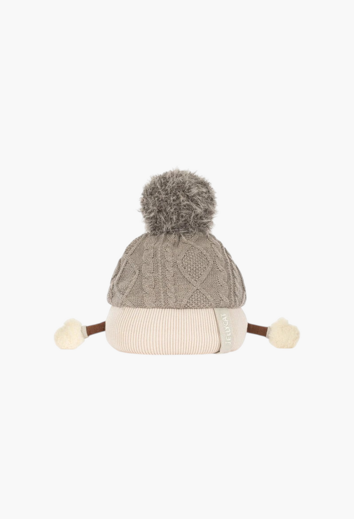 GLAM MODA Amuseables Pomilly plush toy featuring a grey cable-knit hat with a fluffy pom-pom and cream ribbed base.
