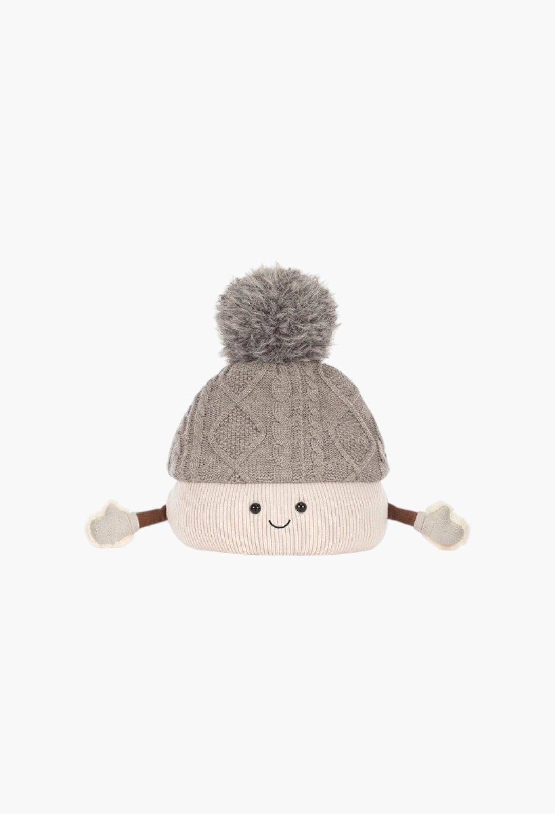 GLAM MODA Amuseables Pomilly plush toy featuring a grey cable-knit hat with a fluffy pom-pom and cute smiling face.