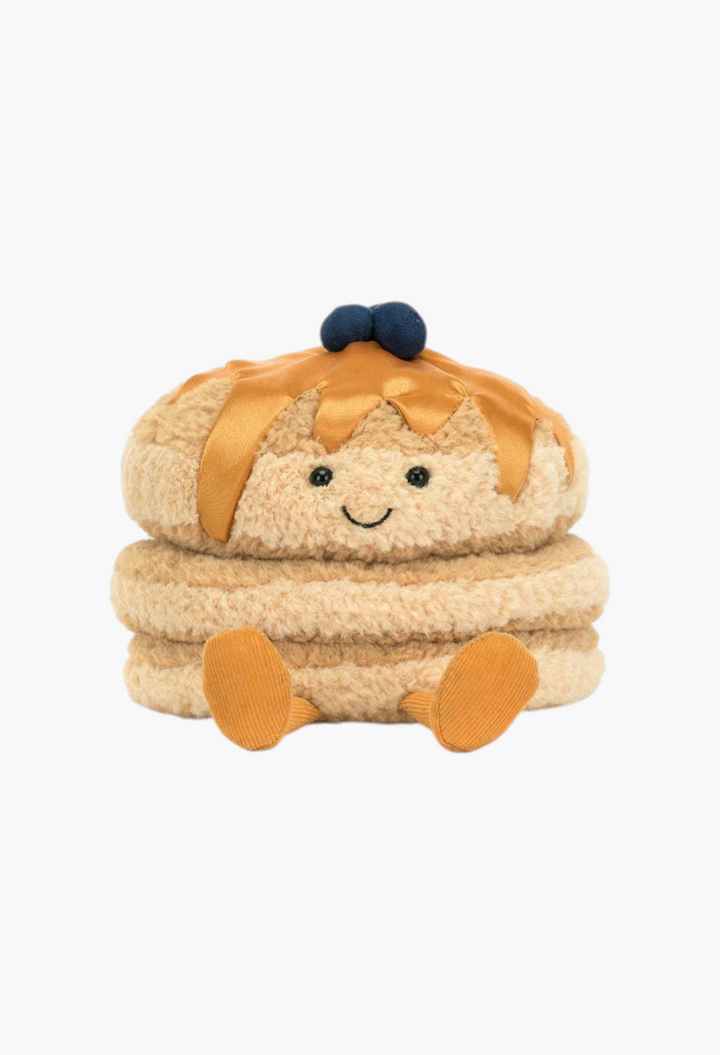 GLAM MODA Amuseables Fran Pancakes plush toy with fluffy tan texture, syrup topping, and two blue berries.