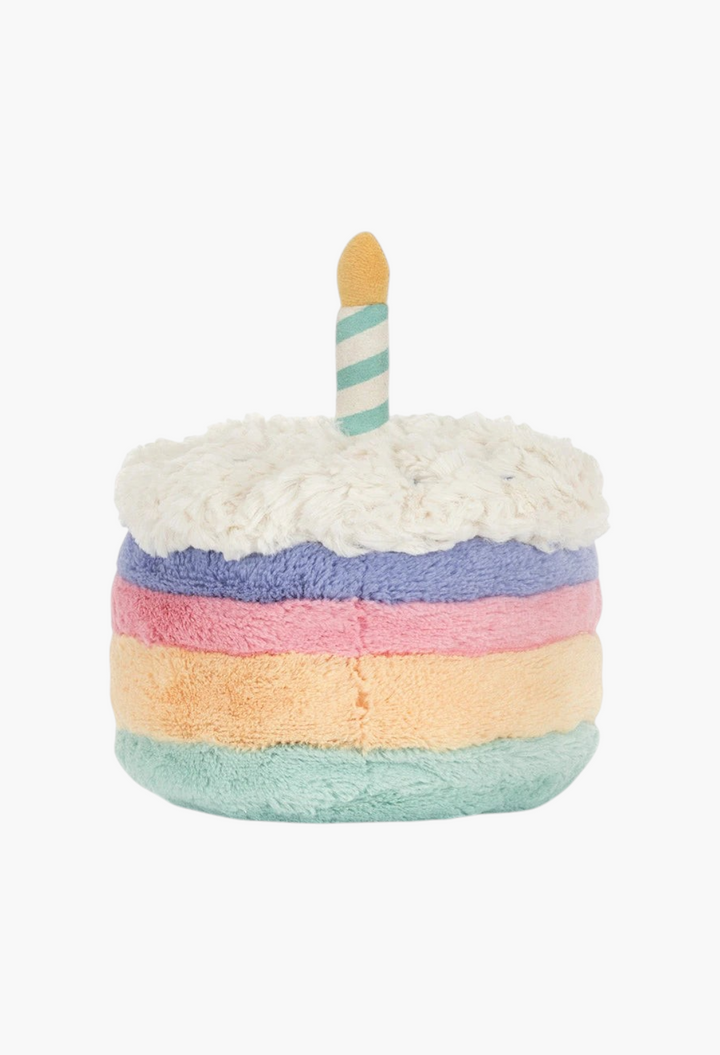GLAM MODA Amuseables rainbow birthday cake plush toy with a single striped candle and soft polyester texture