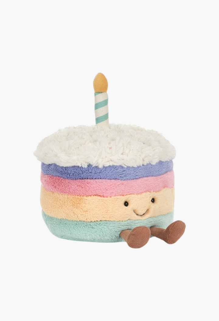 GLAM MODA Amuseables rainbow birthday cake plush toy with a striped candle and soft pastel layers