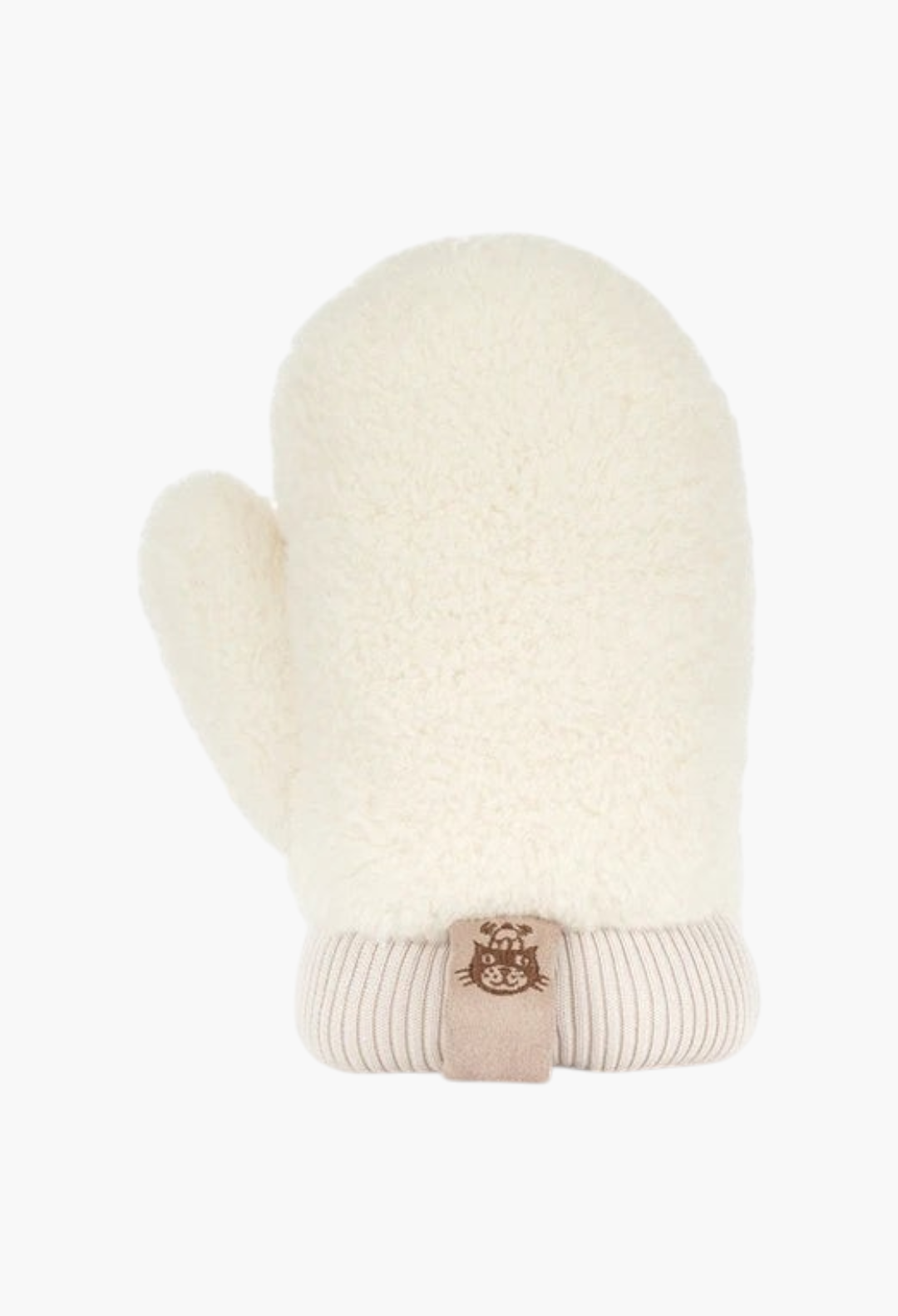 GLAM MODA Amuseables Fitswell Mitten in cream plush polyester with a ribbed cuff and small embroidered cat logo tag.