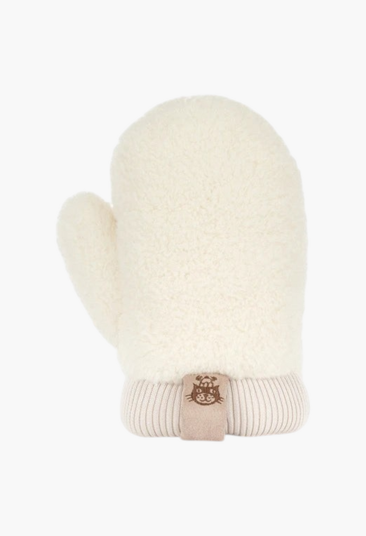 GLAM MODA Amuseables Fitswell Mitten in cream plush polyester with a ribbed cuff and small embroidered cat logo tag.
