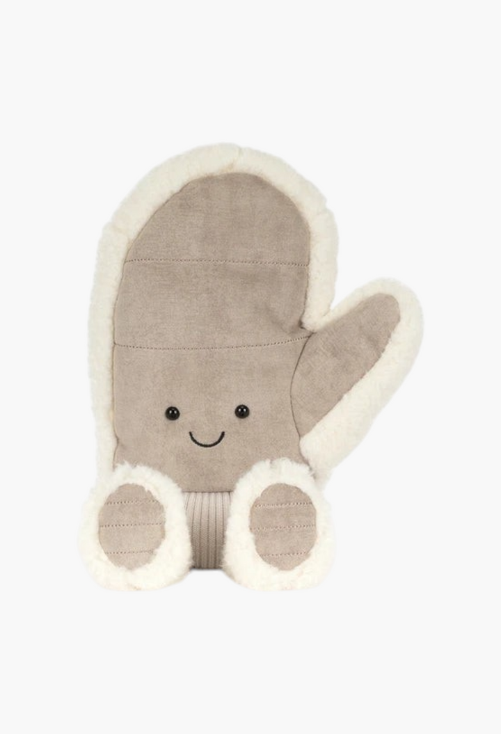 GLAM MODA Amuseables Fitswell Mitten plush toy in taupe suede with cream faux fur trim and a cute smiling face.