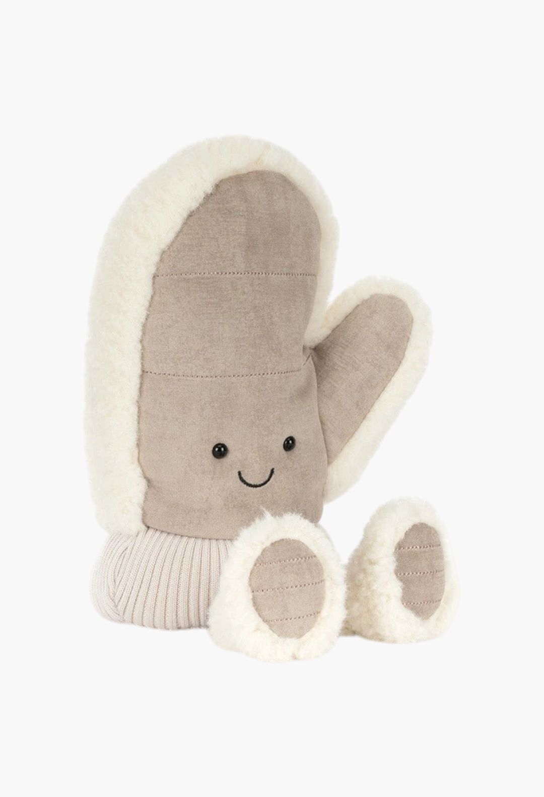 GLAM MODA Amuseables Fitswell Mitten plush toy with a beige suede finish, cream faux fur trim, and a smiling face.