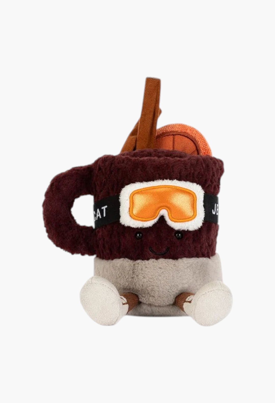 GLAM MODA Amuseables Mullover Spiced Drink plush toy featuring a brown mug with ski goggles and a cinnamon stick.