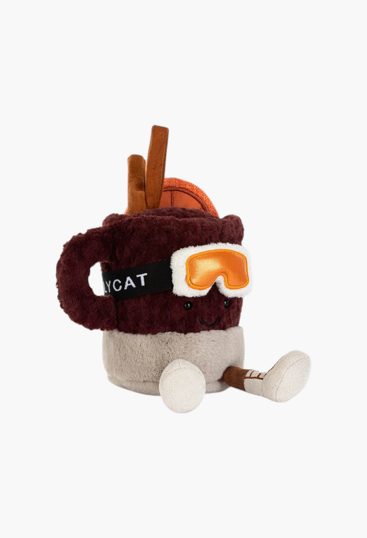 GLAM MODA Amuseables Mullover Spiced Drink plush toy with brown mug, orange slice, cinnamon sticks, and ski goggles.