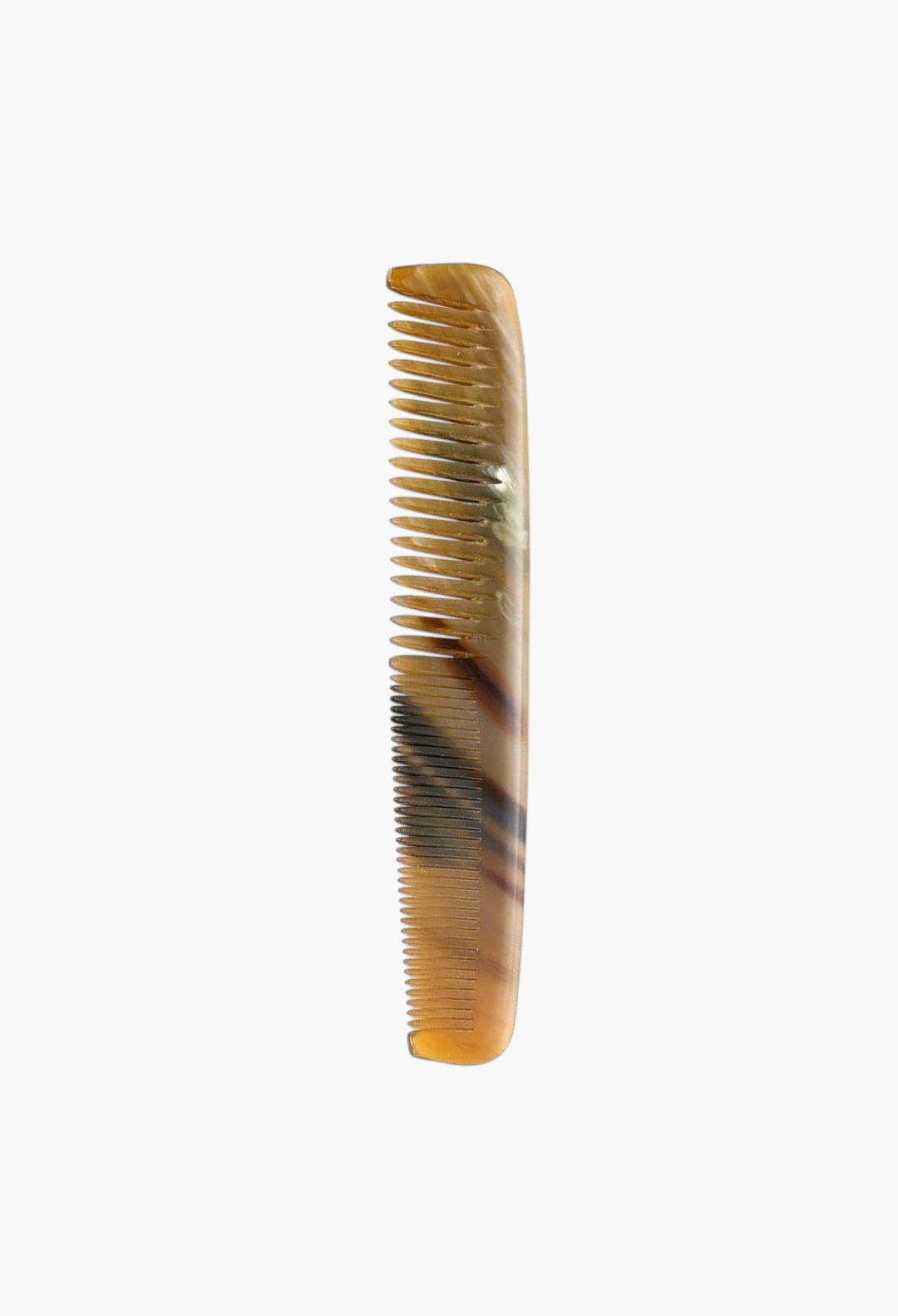 GLAM MODA Abbeyhorn 150mm pocket comb made from natural ox horn with wide and fine teeth in a marbled brown pattern.