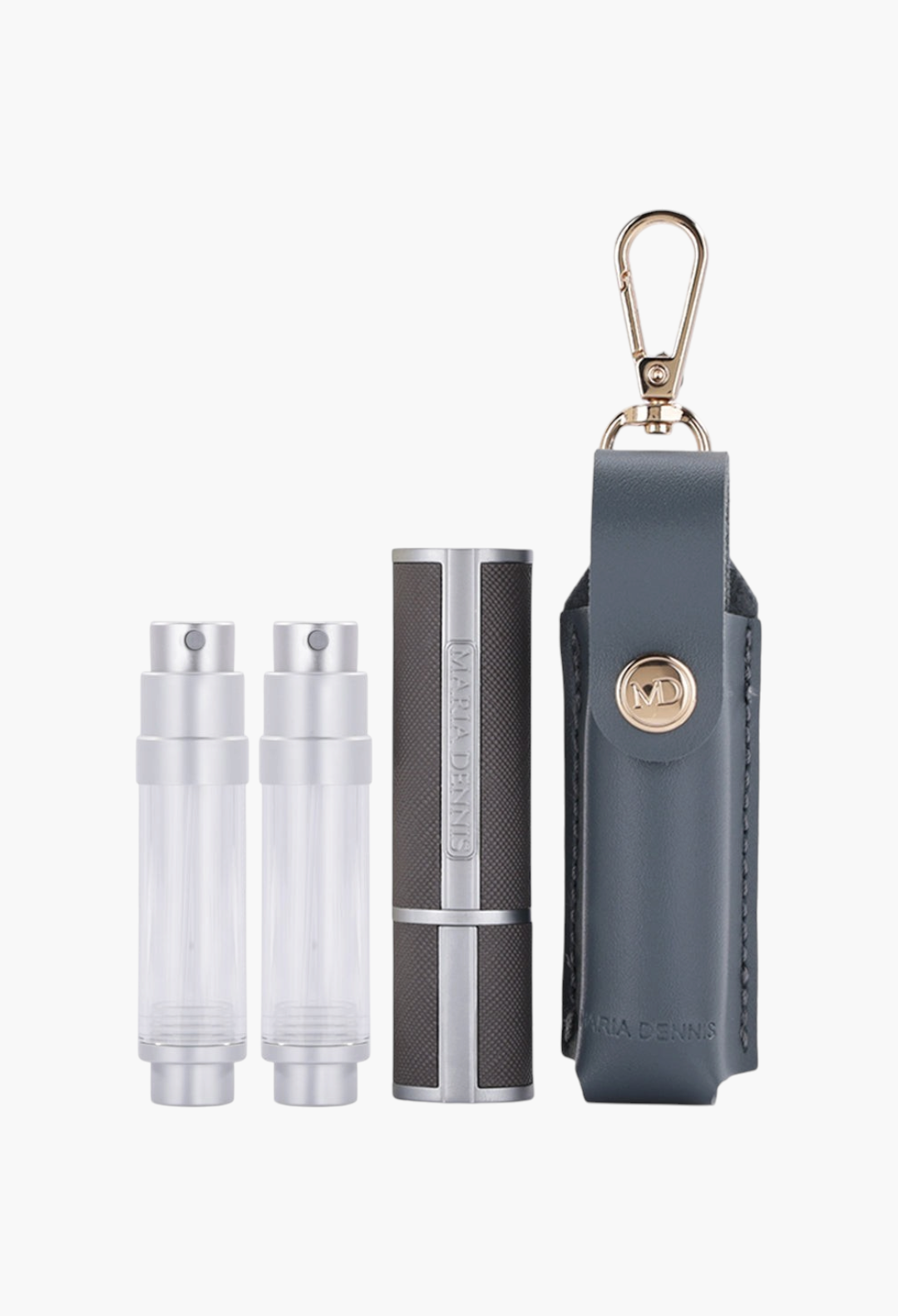 GLAM MODA Maria Dennis refillable perfume atomizer set with two clear vials, a grey textured case, and a leather pouch