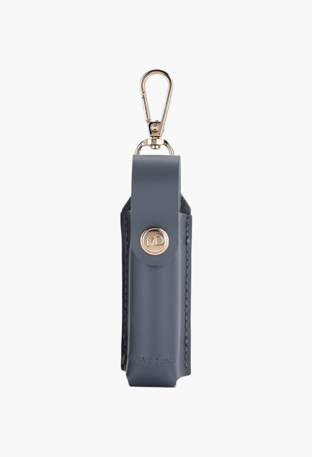 GLAM MODA Maria Dennis grey leather refillable perfume atomizer with a gold clasp for travel.
