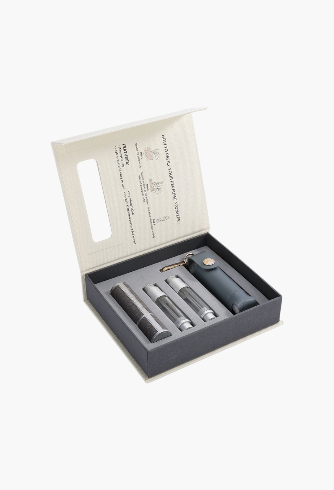 GLAM MODA refillable perfume atomizer set in a gift box with a grey leather case and three travel-sized spray vials.