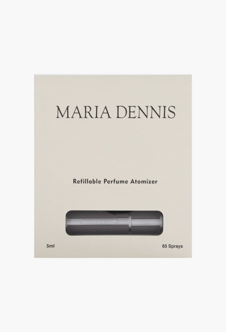GLAM MODA Maria Dennis 5ml refillable perfume atomizer in sleek black packaging, perfect for travel.