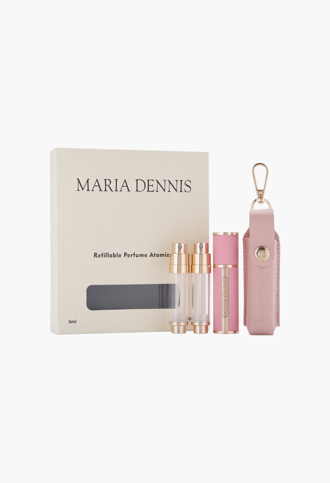 GLAM MODA Maria Dennis refillable perfume atomizer set with pink leather case, two glass vials, and gift box.