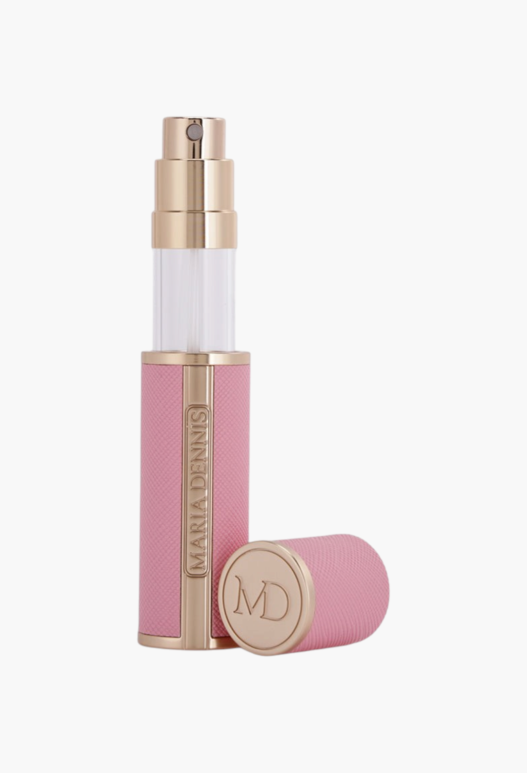GLAM MODA Maria Dennis pink textured refillable perfume atomizer with gold accents and MD logo cap