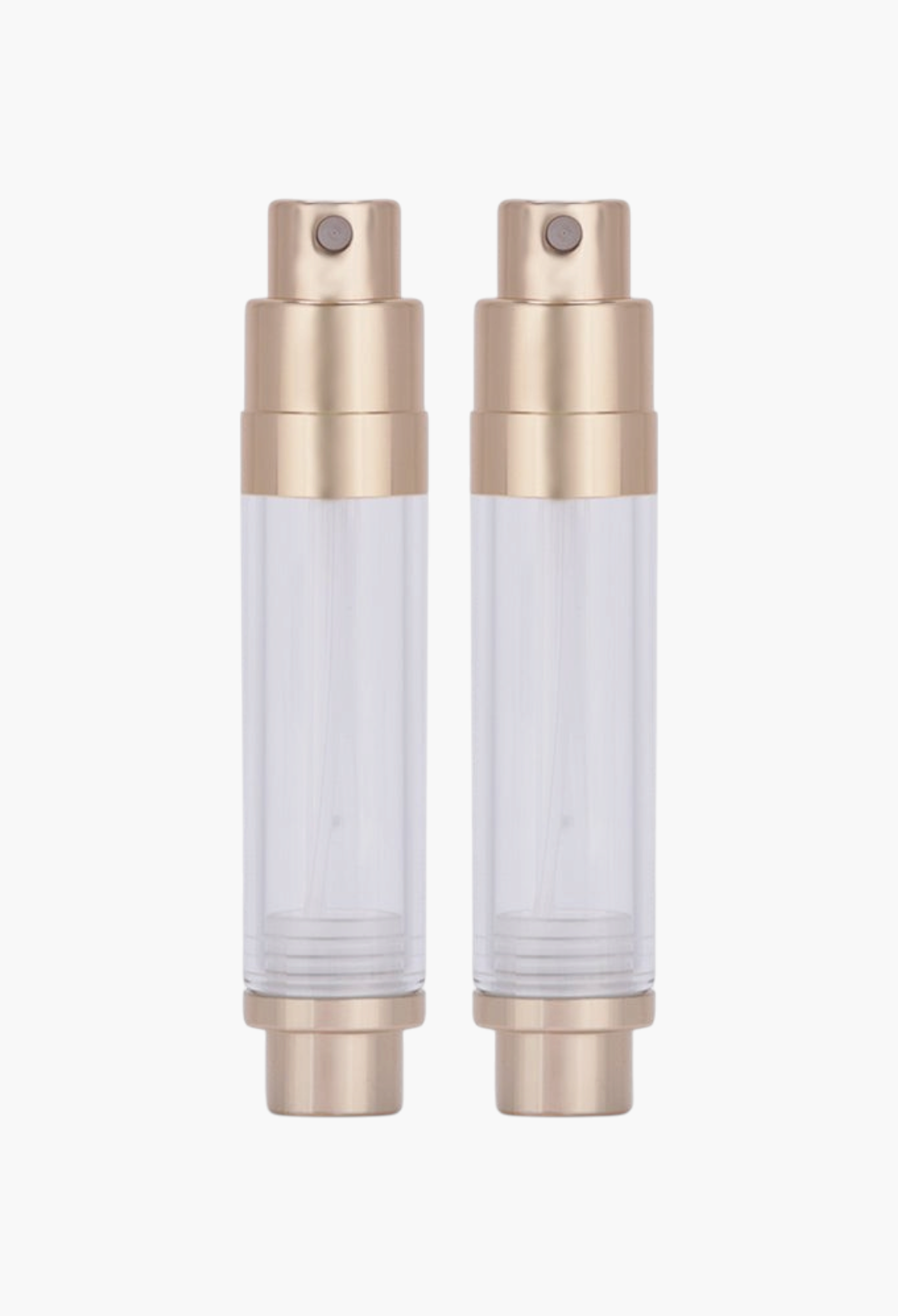 GLAM MODA refillable perfume atomizer set in gold with a clear 5ml travel-sized spray bottle design.