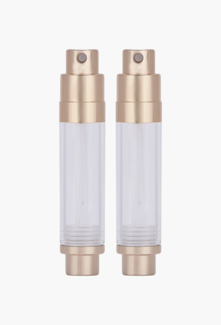 GLAM MODA refillable perfume atomizer set in gold with a clear 5ml travel-sized spray bottle design.