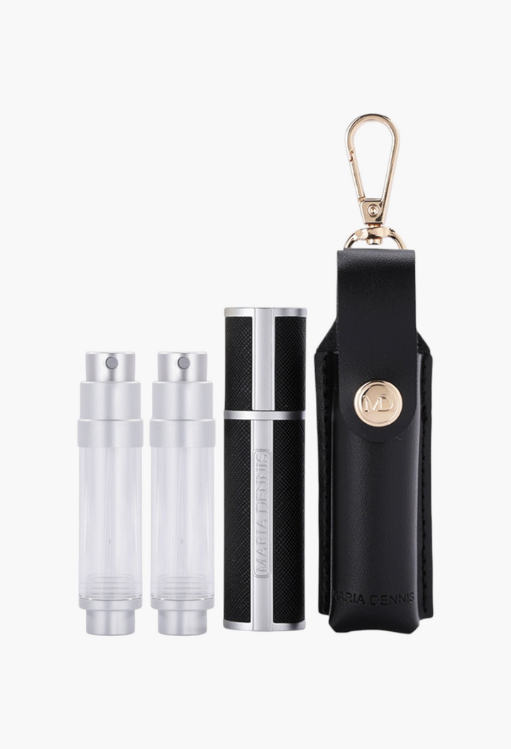 GLAM MODA Maria Dennis refillable perfume atomizer set with black leather case, silver spray bottles, and keychain.