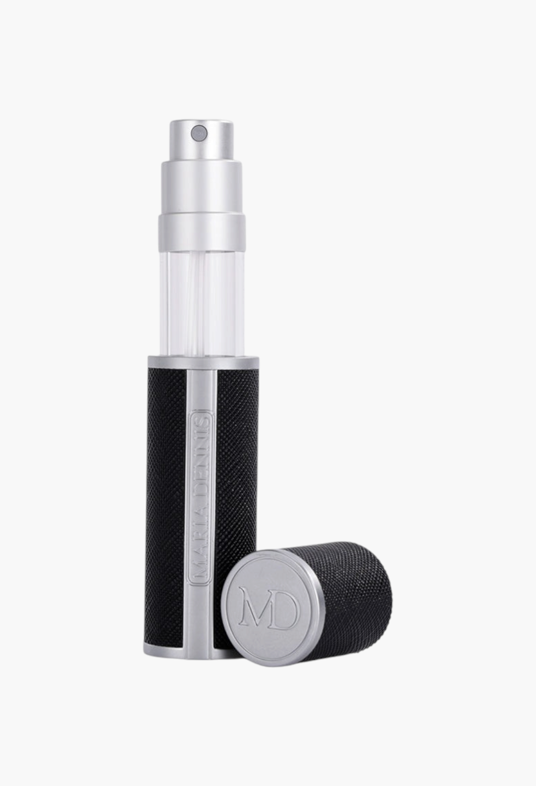 GLAM MODA Maria Dennis refillable perfume atomizer in black and silver with a sleek, leak-proof travel design.