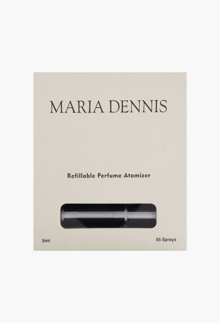 GLAM MODA Maria Dennis 5ml refillable perfume atomizer in sleek black packaging for travel fragrance storage