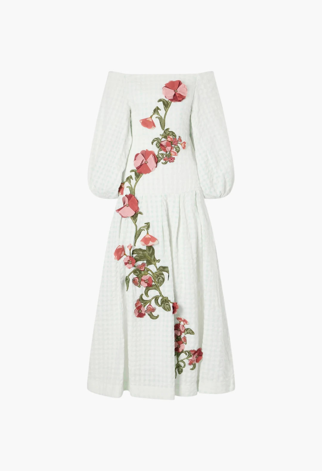 Senlis off-the-shoulder floral-appliqué checked linen maxi dress