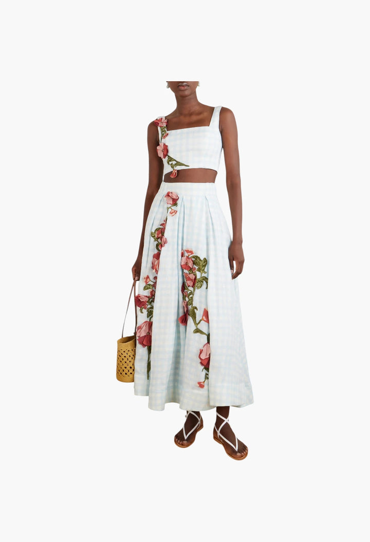 Amanda cropped floral-appliqué linen top