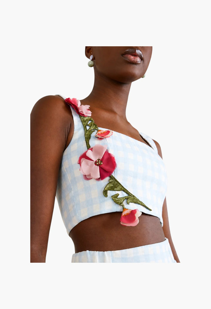Amanda cropped floral-appliqué linen top