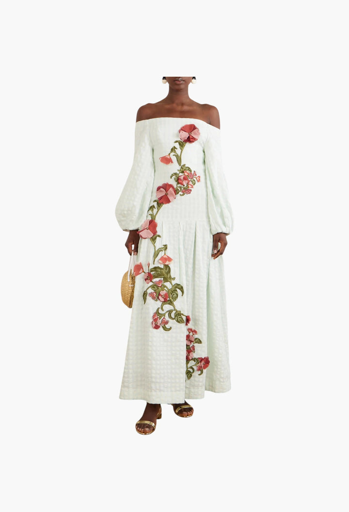 Senlis off-the-shoulder floral-appliqué checked linen maxi dress