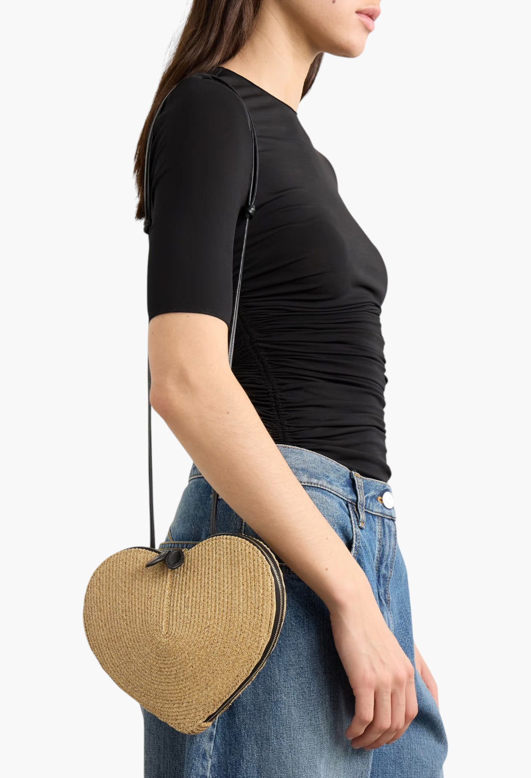 Le Cœur Leather-Trimmed Raffia Shoulder Bag - GLAM MODA