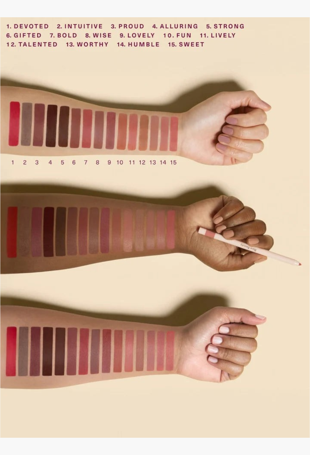 GLAM MODA Kind Words Matte Lip Liner swatches on three different skin tones showing 15 shades from red to brown