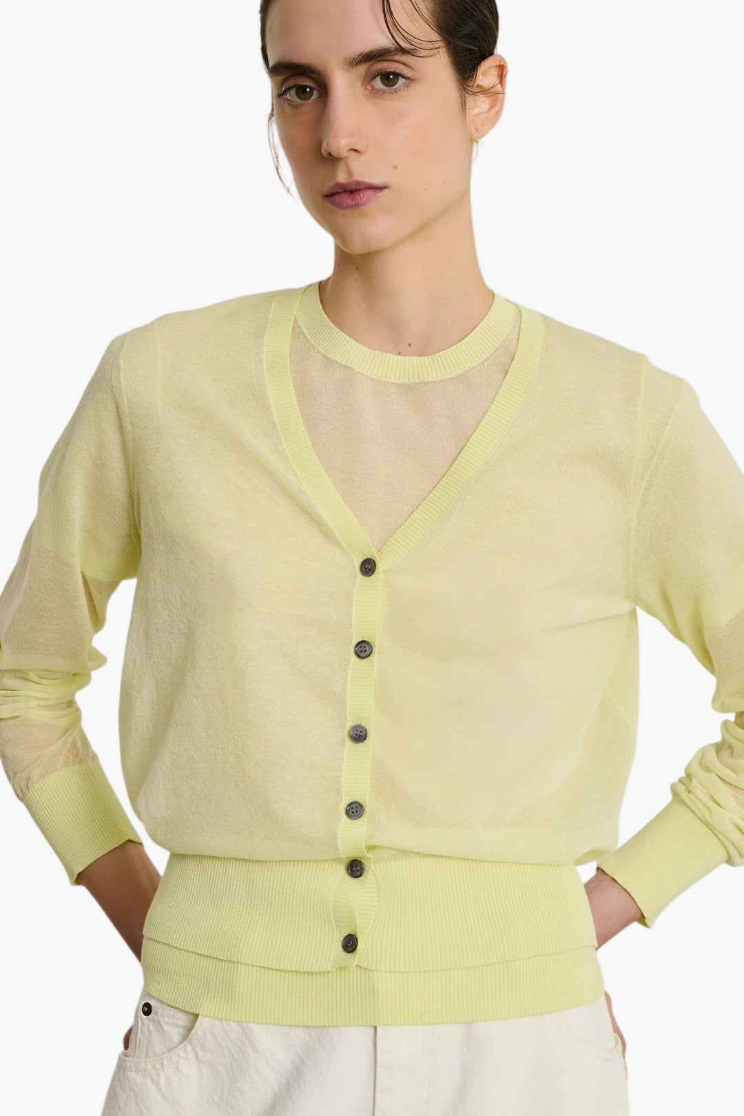 Acid Yellow - Etretat Cardigan  Sheer Knit Cardigan - GLAM MODA
