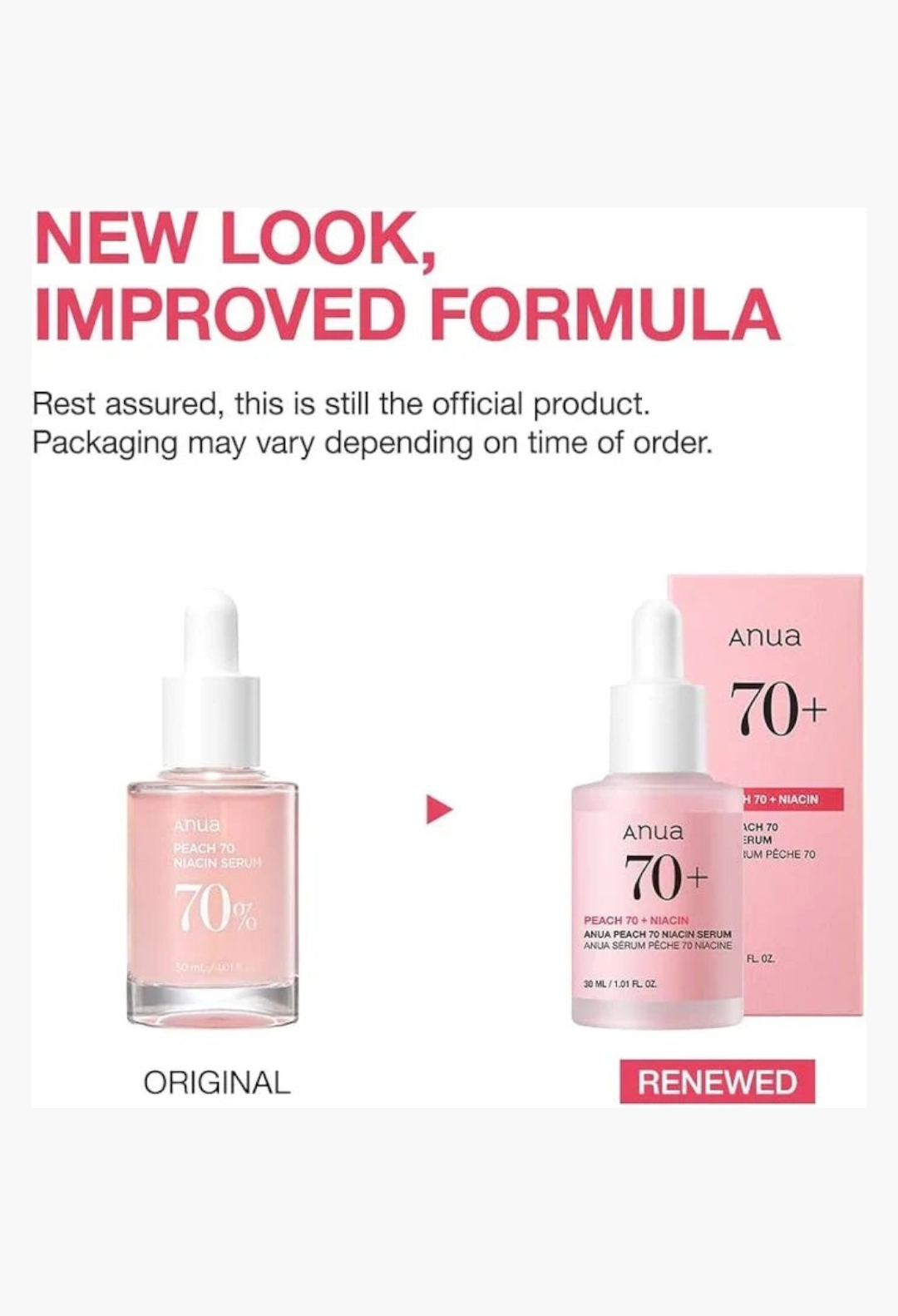 GLAM MODA Anua Peach 70% Niacinamide Serum showing original and renewed pink bottle packaging for glass skin results.