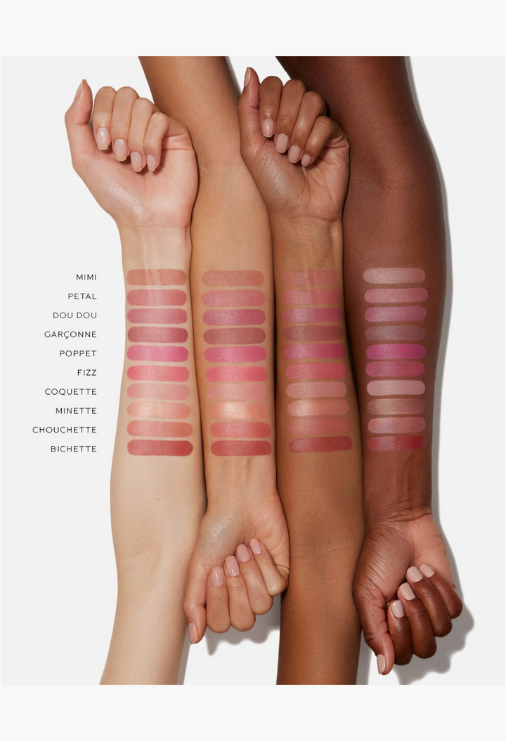 GLAM MODA Baby Cheeks Blush Stick swatches on four different skin tones showing a variety of creamy pigment shades.