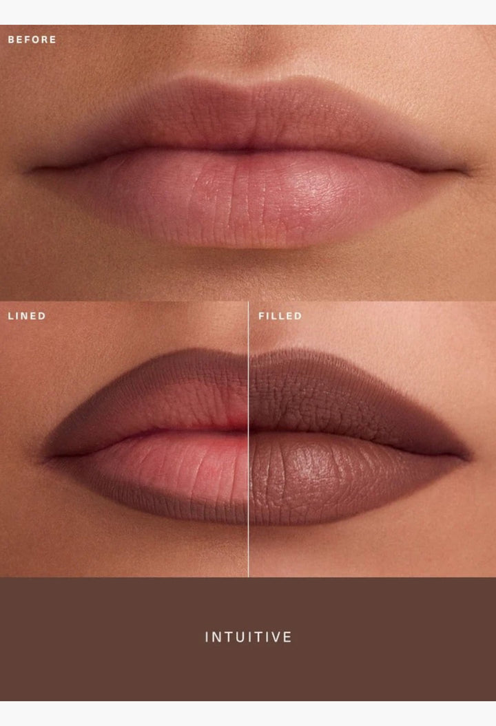 GLAM MODA Kind Words Matte Lip Liner showing before, lined, and filled lip application results for a defined look.