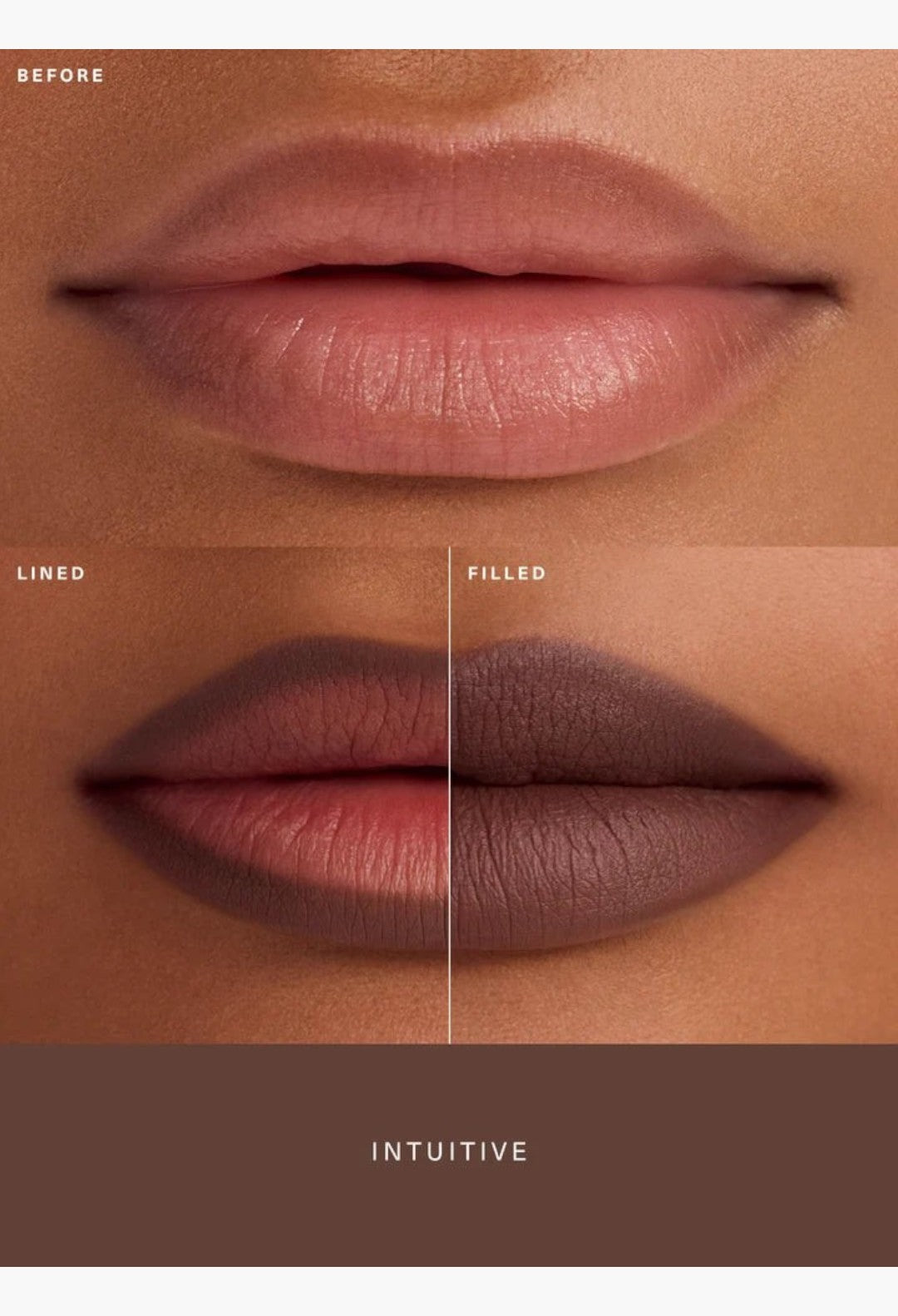GLAM MODA Kind Words Matte Lip Liner in Intuitive shade showing before, lined, and filled lip application steps.