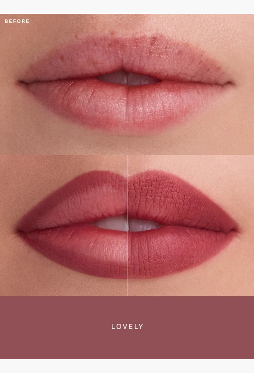 GLAM MODA Kind Words Matte Lip Liner in Lovely shade showing a before and after comparison of defined warm mauve lips.