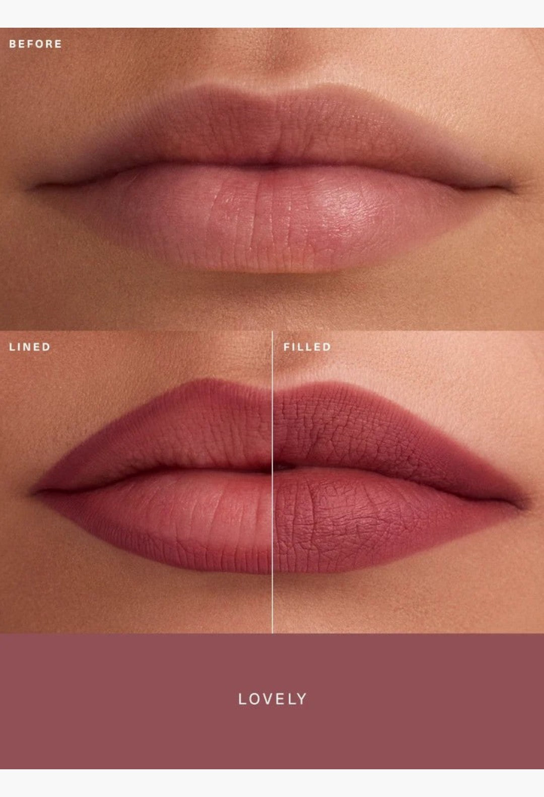 GLAM MODA Kind Words Matte Lip Liner in Lovely shade showing before, lined, and filled lip application results.