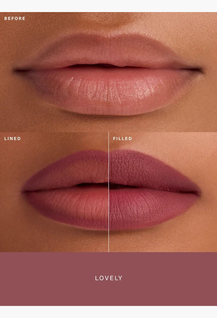 GLAM MODA Kind Words Matte Lip Liner in shade Lovely showing before, lined, and filled lip application results.