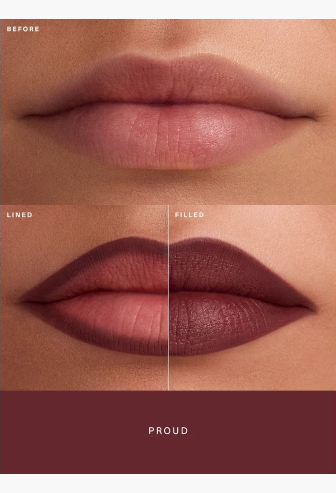 GLAM MODA Kind Words Matte Lip Liner showing before, lined, and filled lip application results in a soft matte finish