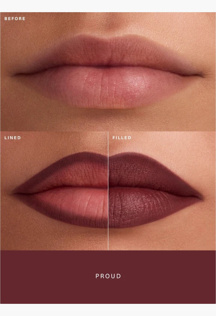 GLAM MODA Kind Words Matte Lip Liner showing before, lined, and filled lip application results in a soft matte finish
