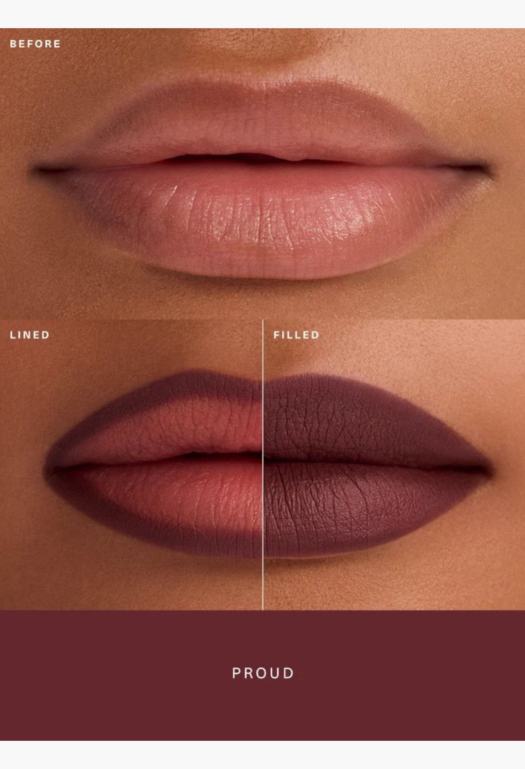 GLAM MODA Kind Words Matte Lip Liner showing before, lined, and filled lip application steps for a defined look.