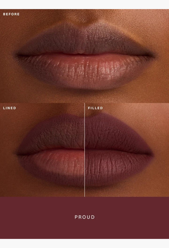 GLAM MODA Kind Words matte lip liner showing before, lined, and filled lip application results for precise contouring.