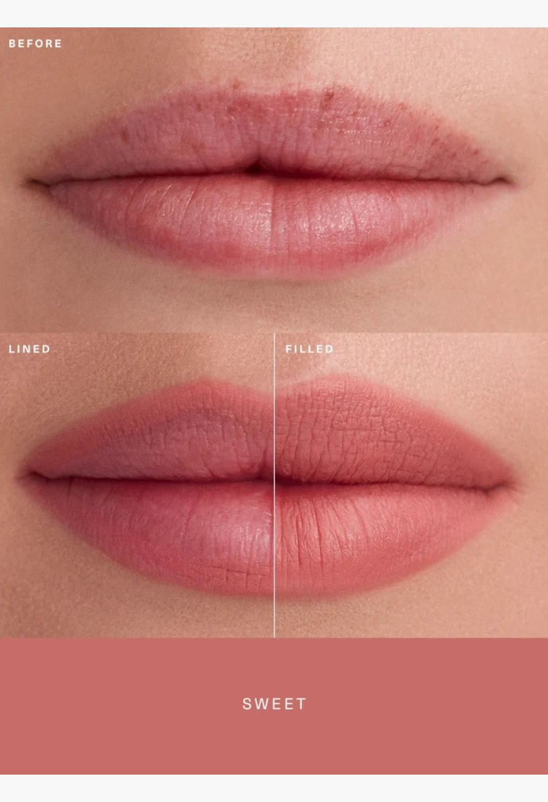 GLAM MODA Kind Words Matte Lip Liner in Sweet shade showing before and after application on lips