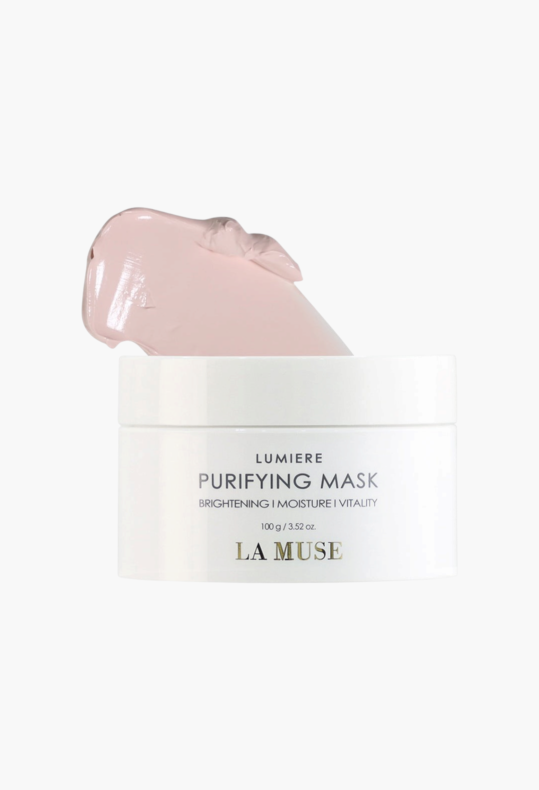 GLAM MODA La Muse Lumiere Purifying Mask in a white jar with a soft pink clay texture scoop on top
