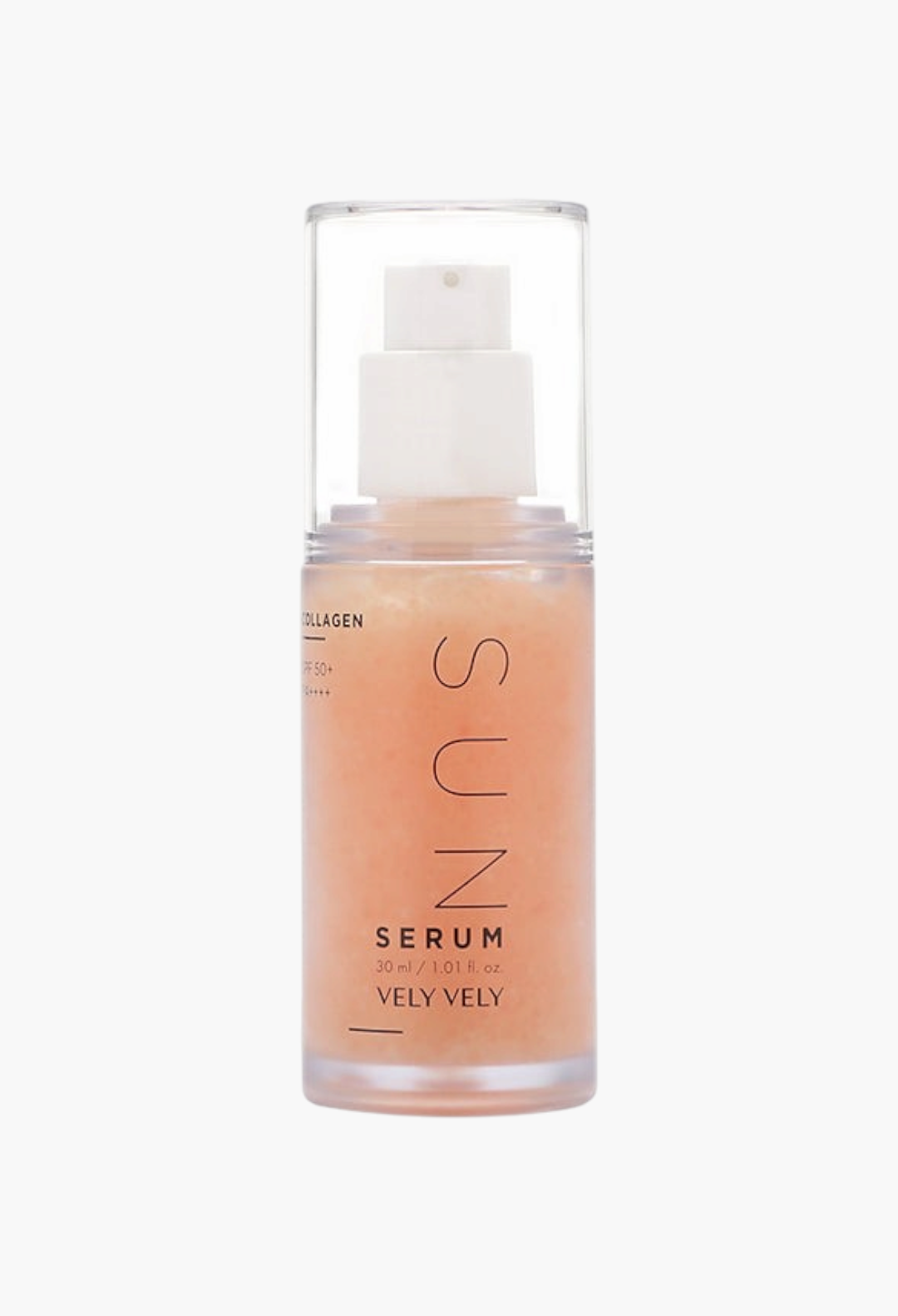 GLAM MODA Vely Vely Collagen Sun Serum SPF50+ in a clear pump bottle for daily sun protection and skincare