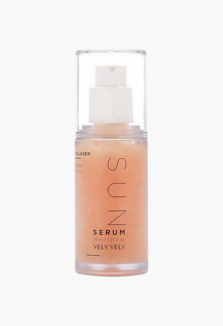 GLAM MODA Vely Vely Collagen Sun Serum SPF50+ in a clear pump bottle for daily sun protection and skincare