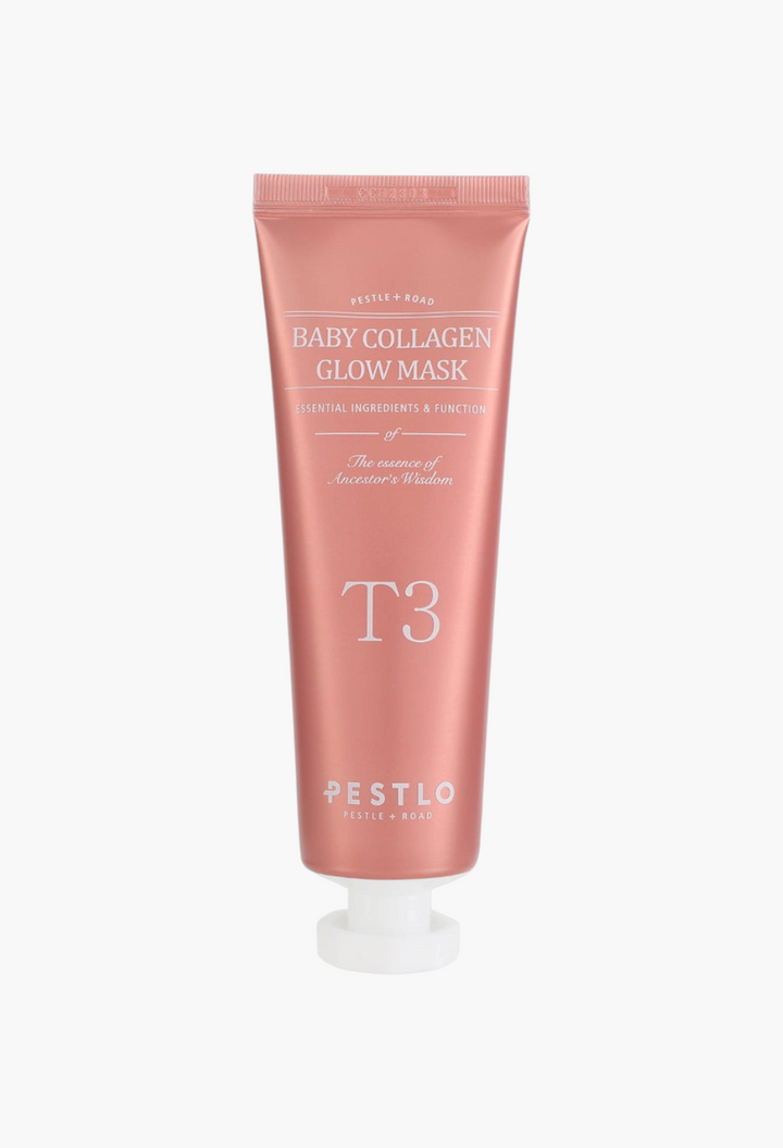 GLAM MODA Pestlo T3 Baby Collagen Glow Mask in a metallic rose gold squeeze tube for facial skincare