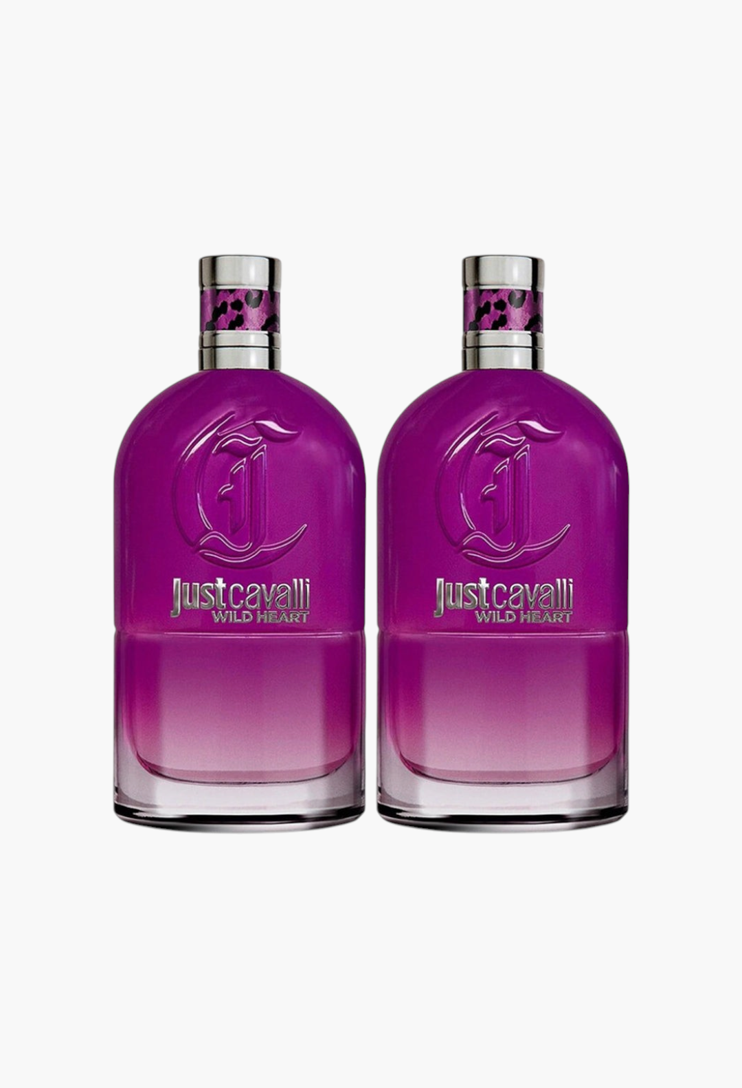 GLAM MODA Just Cavalli Wild Heart Eau de Parfum set featuring two purple glass bottles with leopard print collars